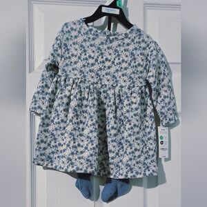 NWT Carter's Blue Floral Dress with Tights Blue And Gray 6-9 Months